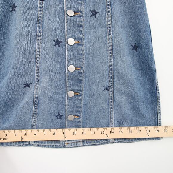 SUNDRY Denim Skirt Blue Mini Red Stars Button Front Casual Pleated A Line 25 - Picture 4 of 8